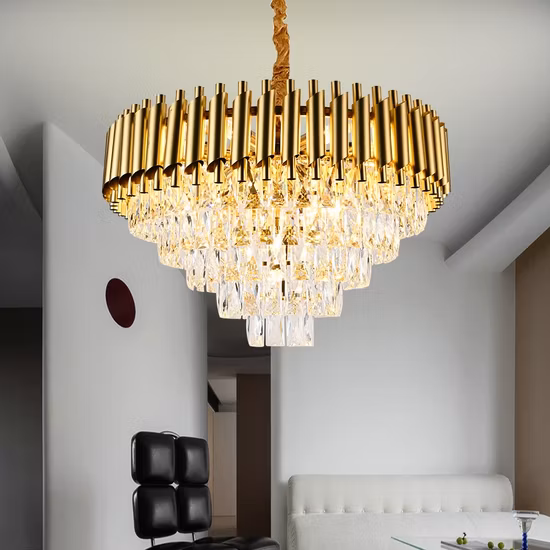 Produttori di lampadari a sospensione a LED con decorazione dorata moderna di lusso con luce ambrata. Fabbrica di lampadari di cristallo a soffitto